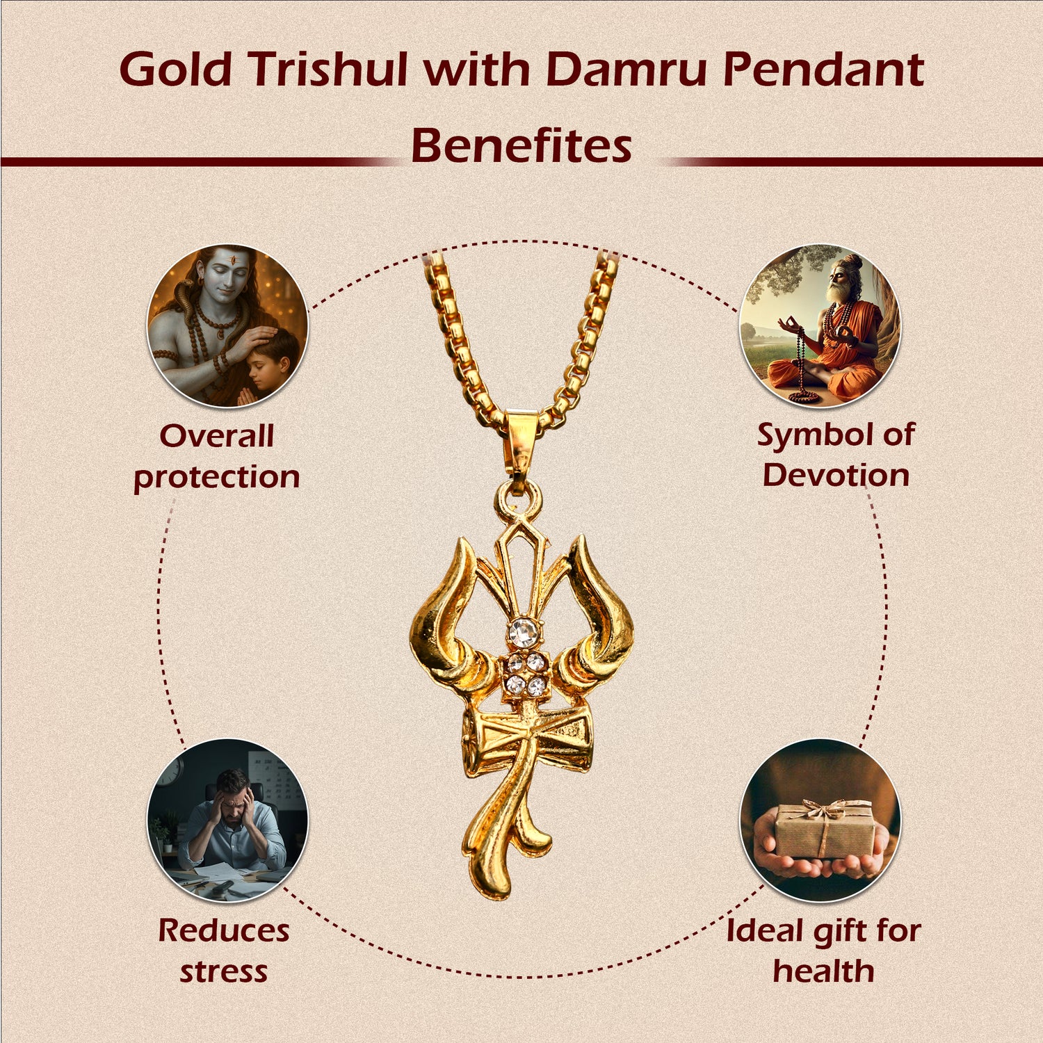 Gold Trishul with Damru Pendant  ( Blessing & Protection) - Abhimantrit