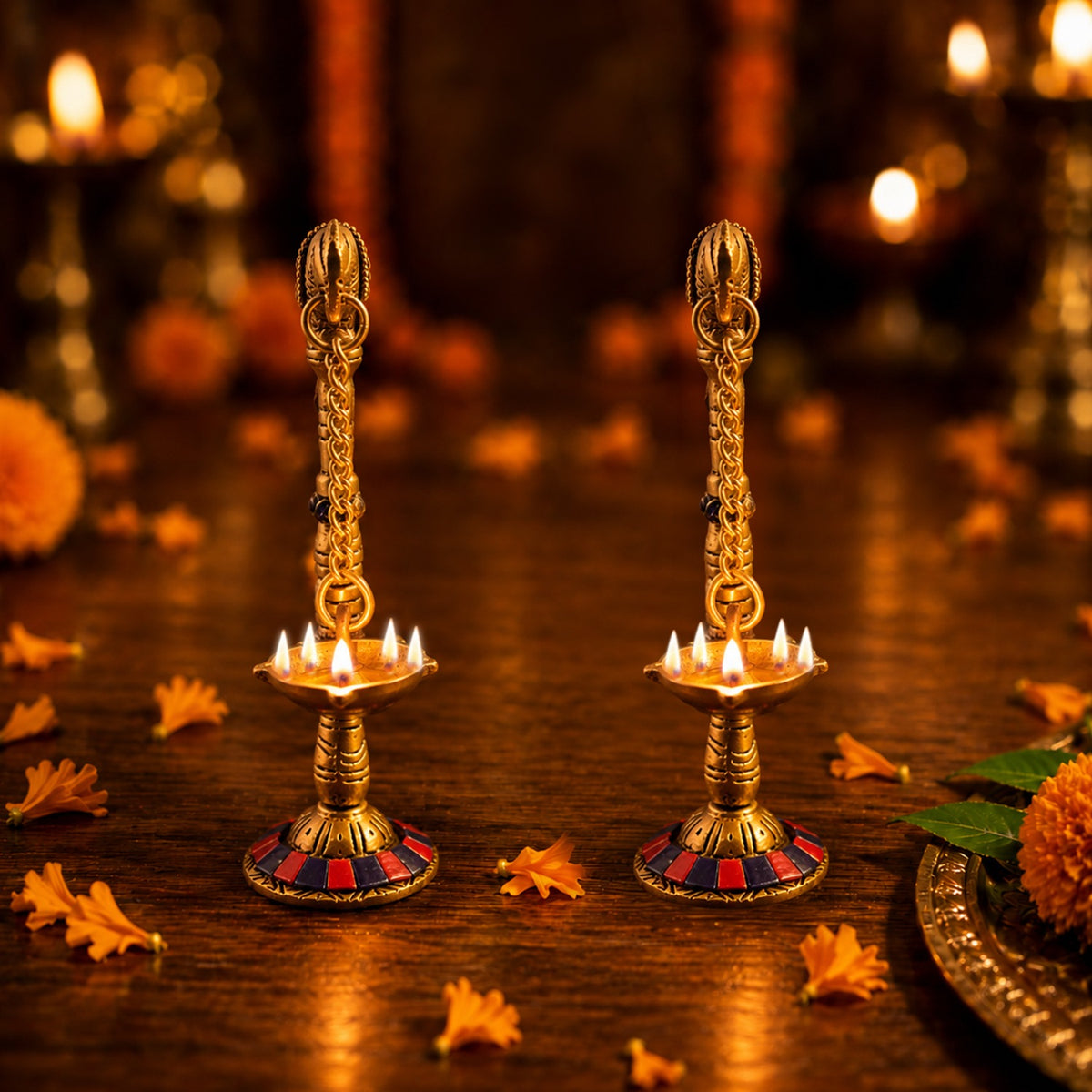 Brass Parrot Oil Light Set with Stone Work - Abhimantrit