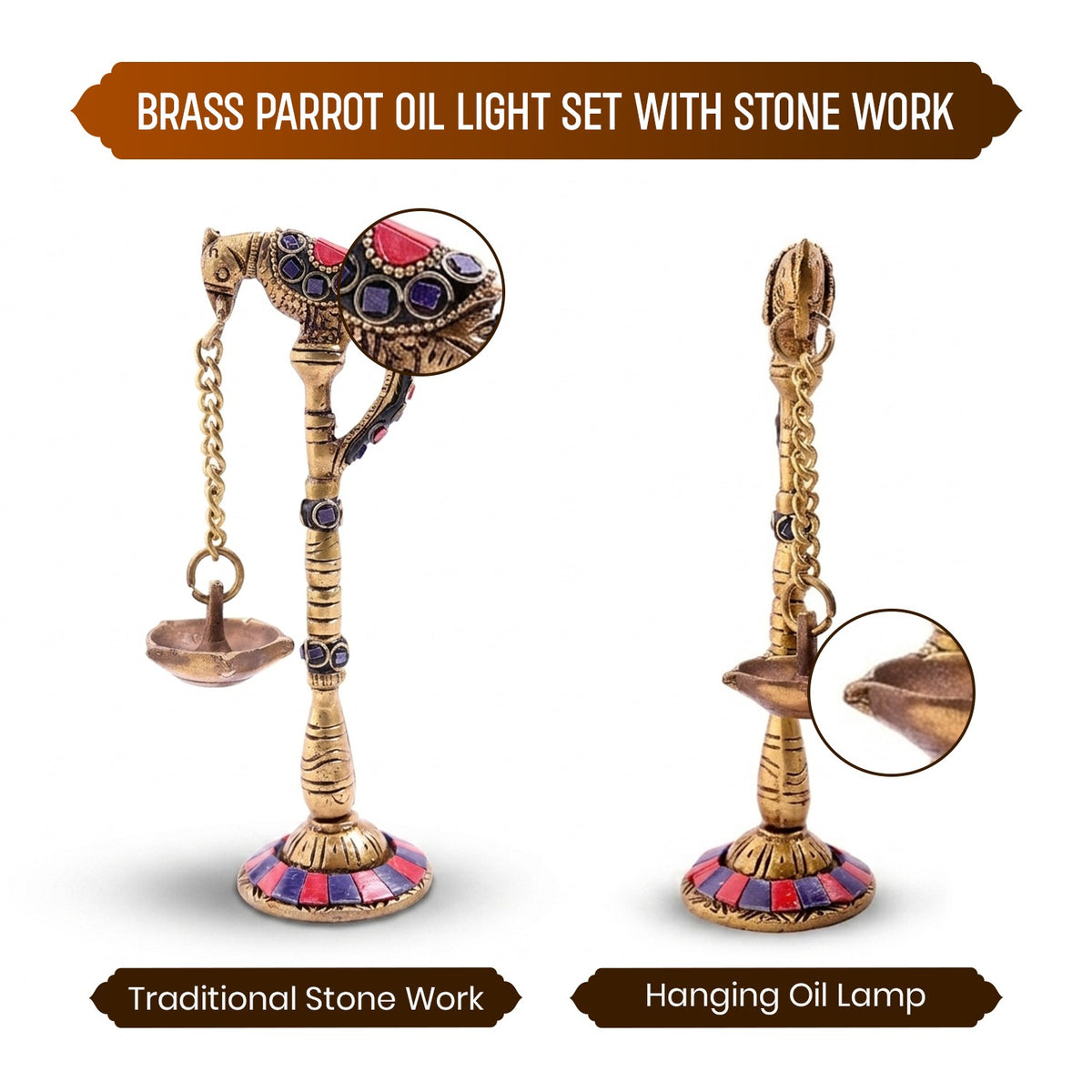 Brass Parrot Oil Light Set with Stone Work - Abhimantrit