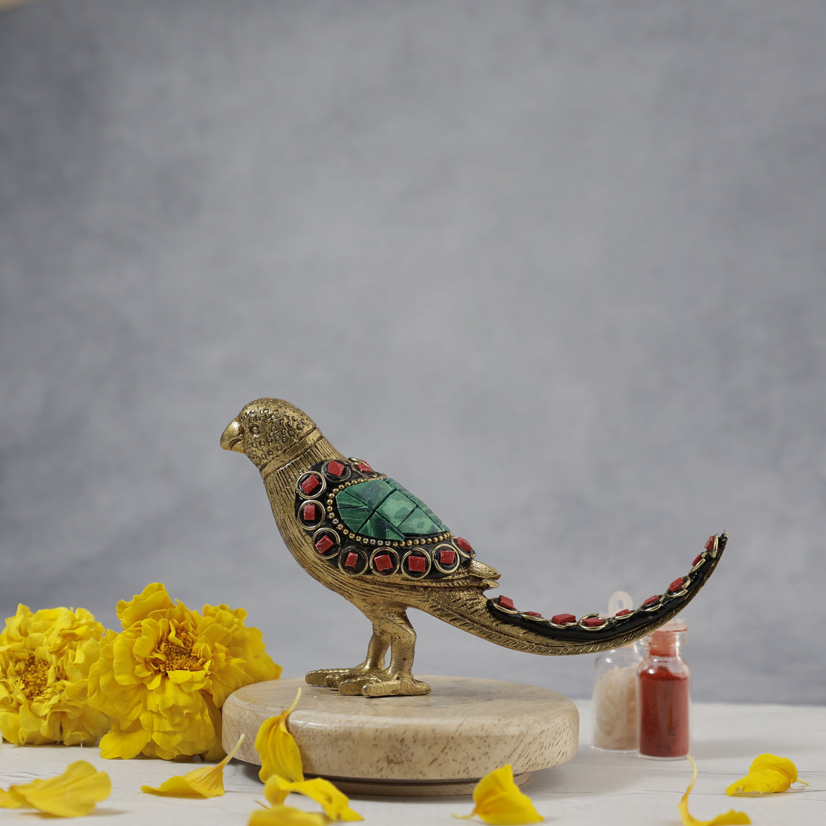 Brass Parrot Multi Colour with Stone Work - Abhimantrit
