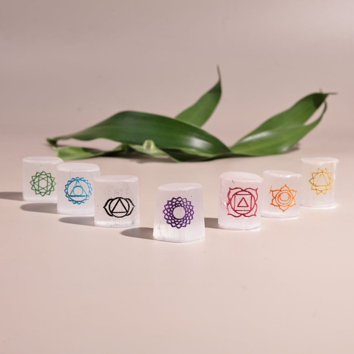 Selenite 7 Chakra Tumble Set - Abhimantrit
