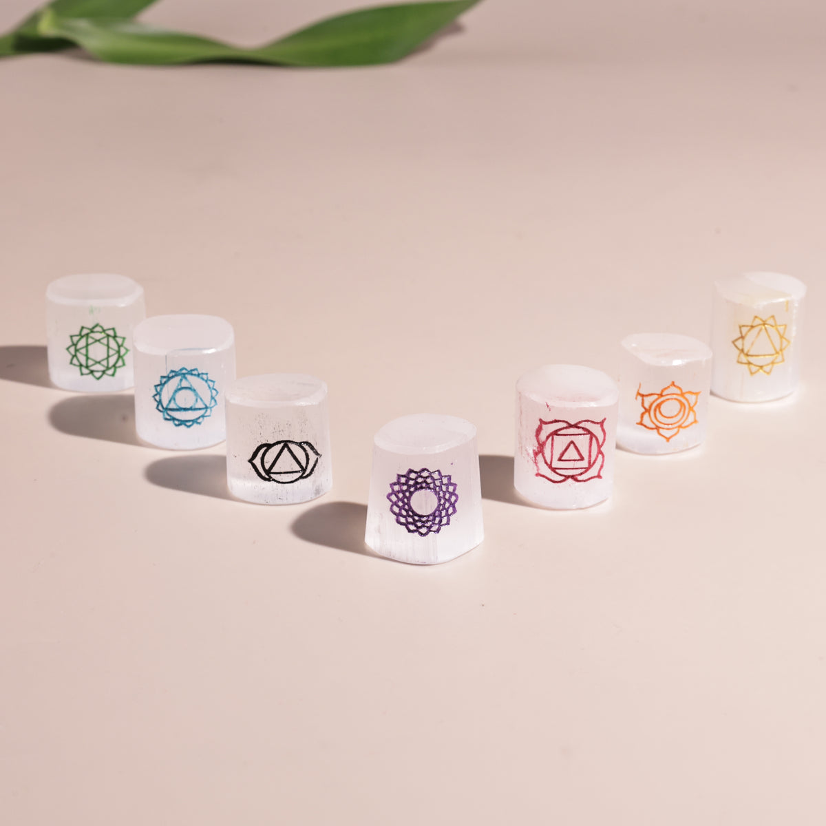 Selenite 7 Chakra Tumble Set - Abhimantrit