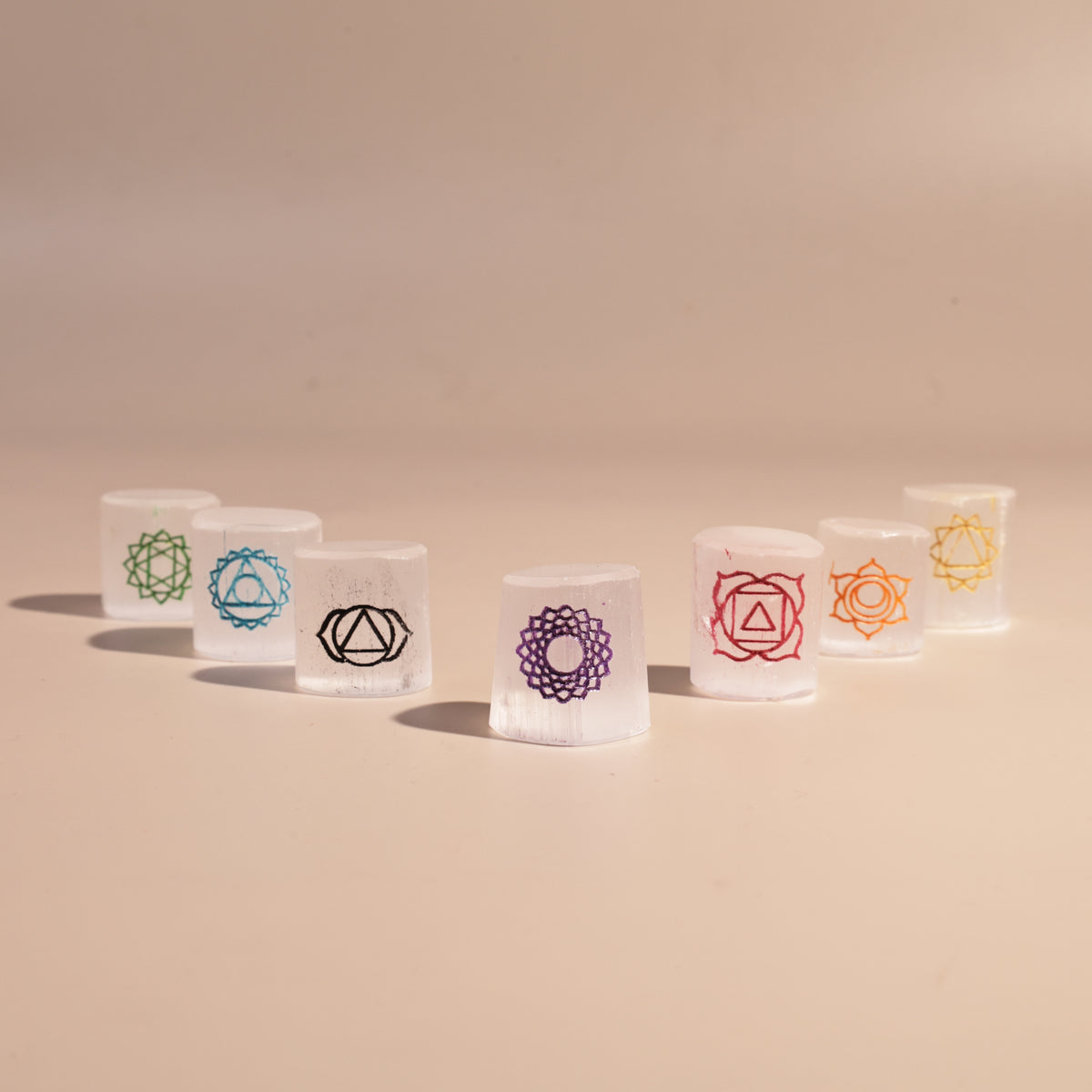 Selenite 7 Chakra Tumble Set - Abhimantrit