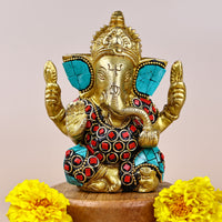 Brass Shri Ganesh Statue with Stonework - Abhimantrit