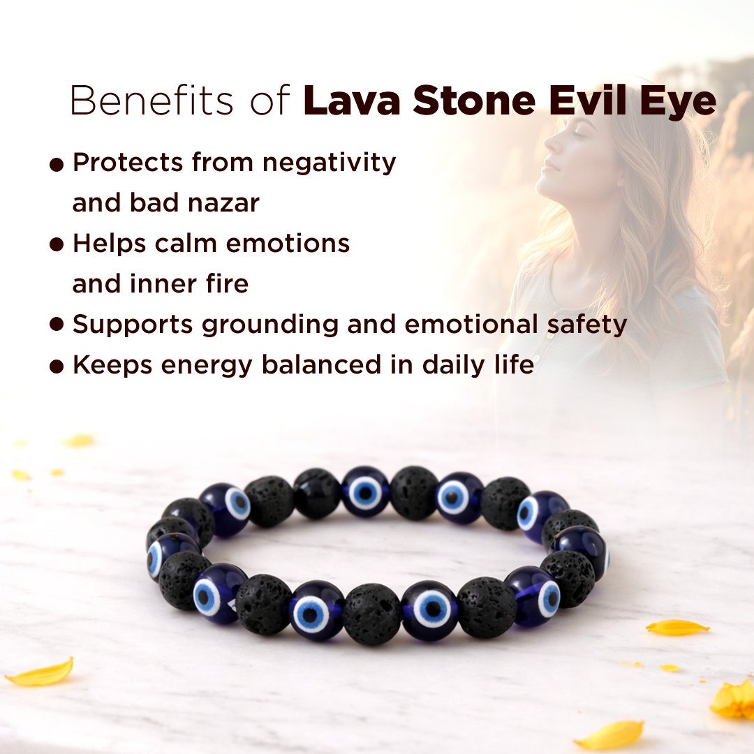 Lava stone evil eye bracelet with benefits listed on a light backgroundईविल आई ब्रेसलेट के साथ प्राकृतिक लावा स्टोन - अभिमंत्रित और प्रमाणित