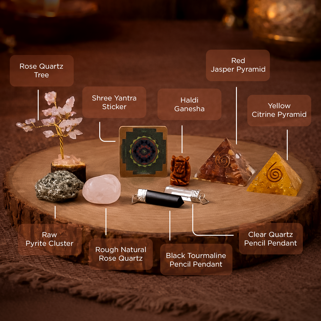 Collection of crystals and spiritual items on a wooden surface with labels.All In One Life Solution Bowl - Spiritual Balance & Energy Bowl