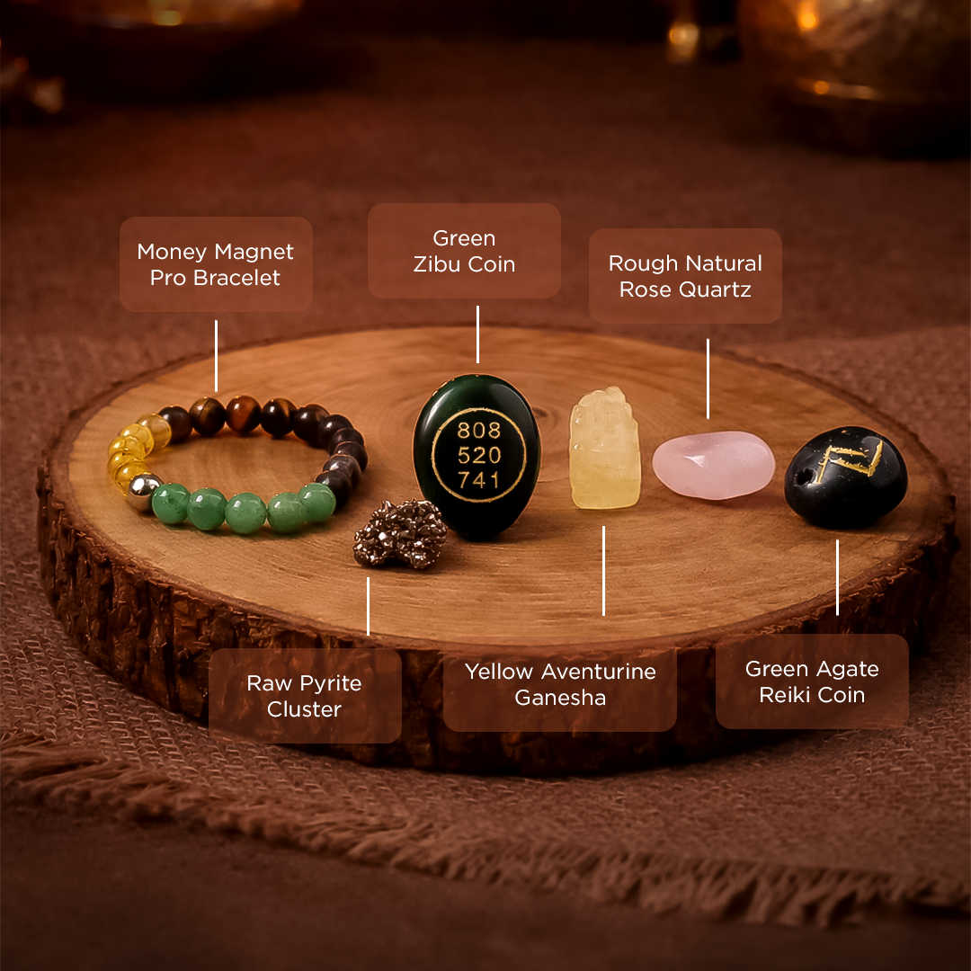 Collection of crystals and a bracelet on a wooden surface with labels.Love Money Protection Bowl - Abundance, Love & Protection Energy Bowl