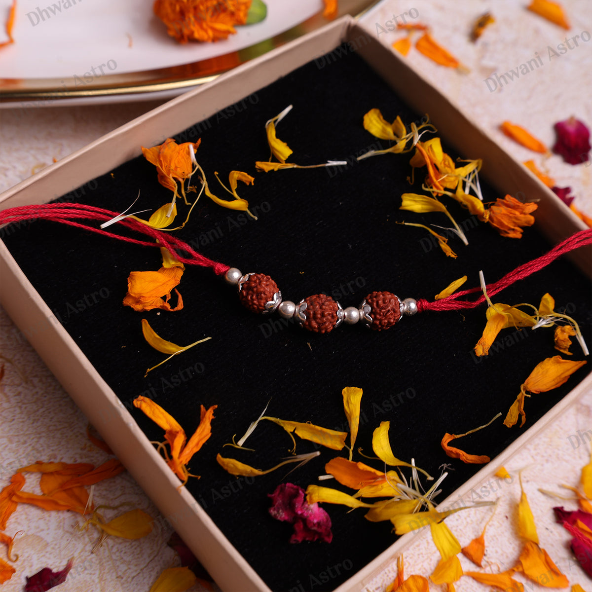 A red cord bracelet with three brown rudraksha beads and silver spacer beads, presented in a beige gift box with a black velvet lining and scattered orange flower petals.