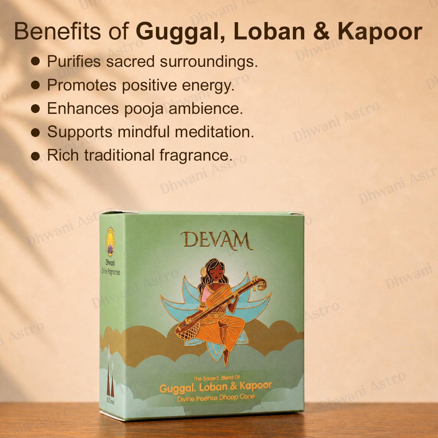 A Devam Guggal, Loban & Kapoor incense box displayed on a wooden surface against a warm beige background with text detailing its spiritual benefits.DEVAM Divine Incense Dhoop Cones | Spiritual Fragrance Collection for Pooja, Meditation & Home