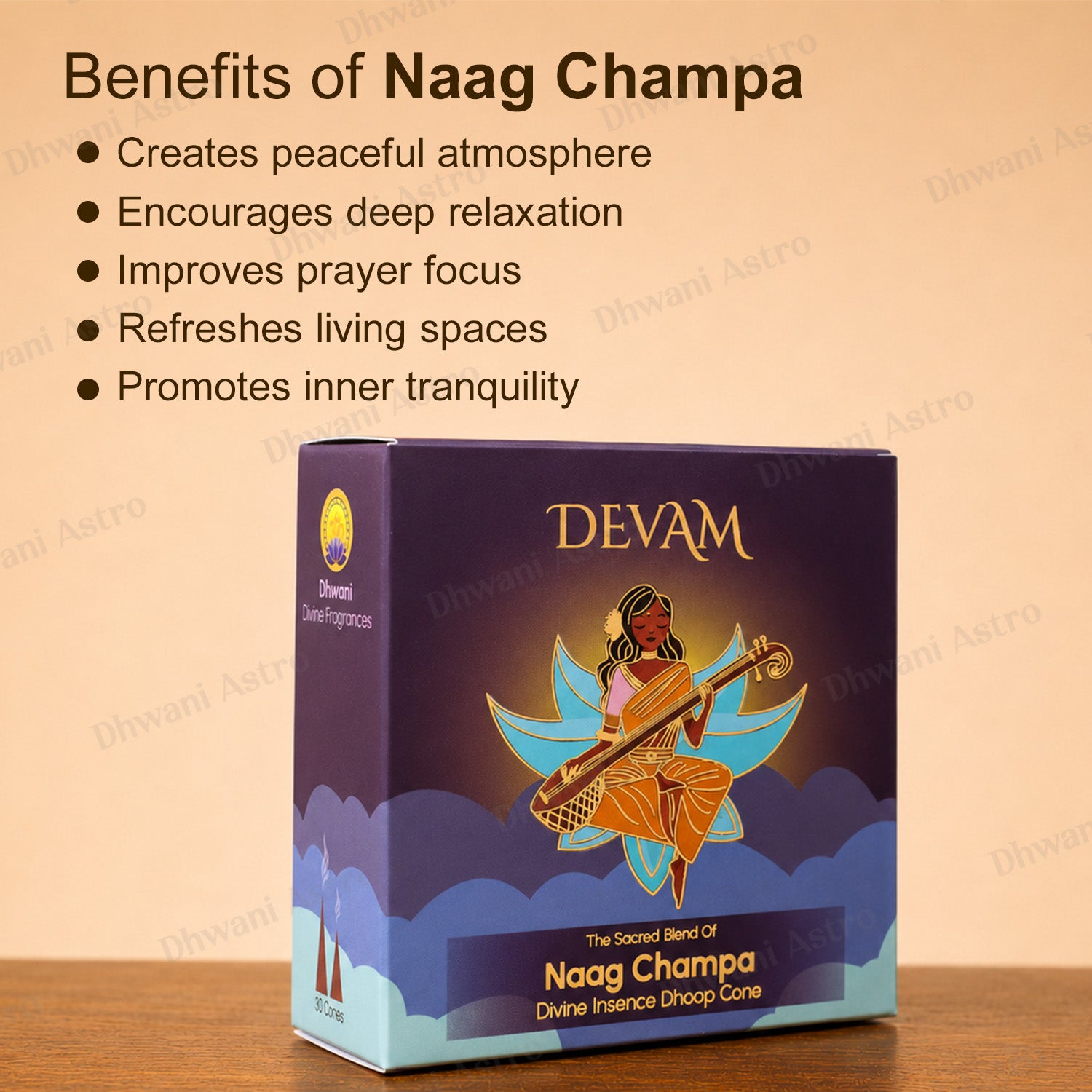 A boxed devotional incense product labeled DEVAM and Naag Champa sits on a wooden surface against a warm beige background. The box is dark purple with blue wave-like bands, gold lettering, and an illustration of a seated figure on a blue and orange bird-like form.DEVAM Divine Incense Dhoop Cones | Spiritual Fragrance Collection for Pooja, Meditation & Home