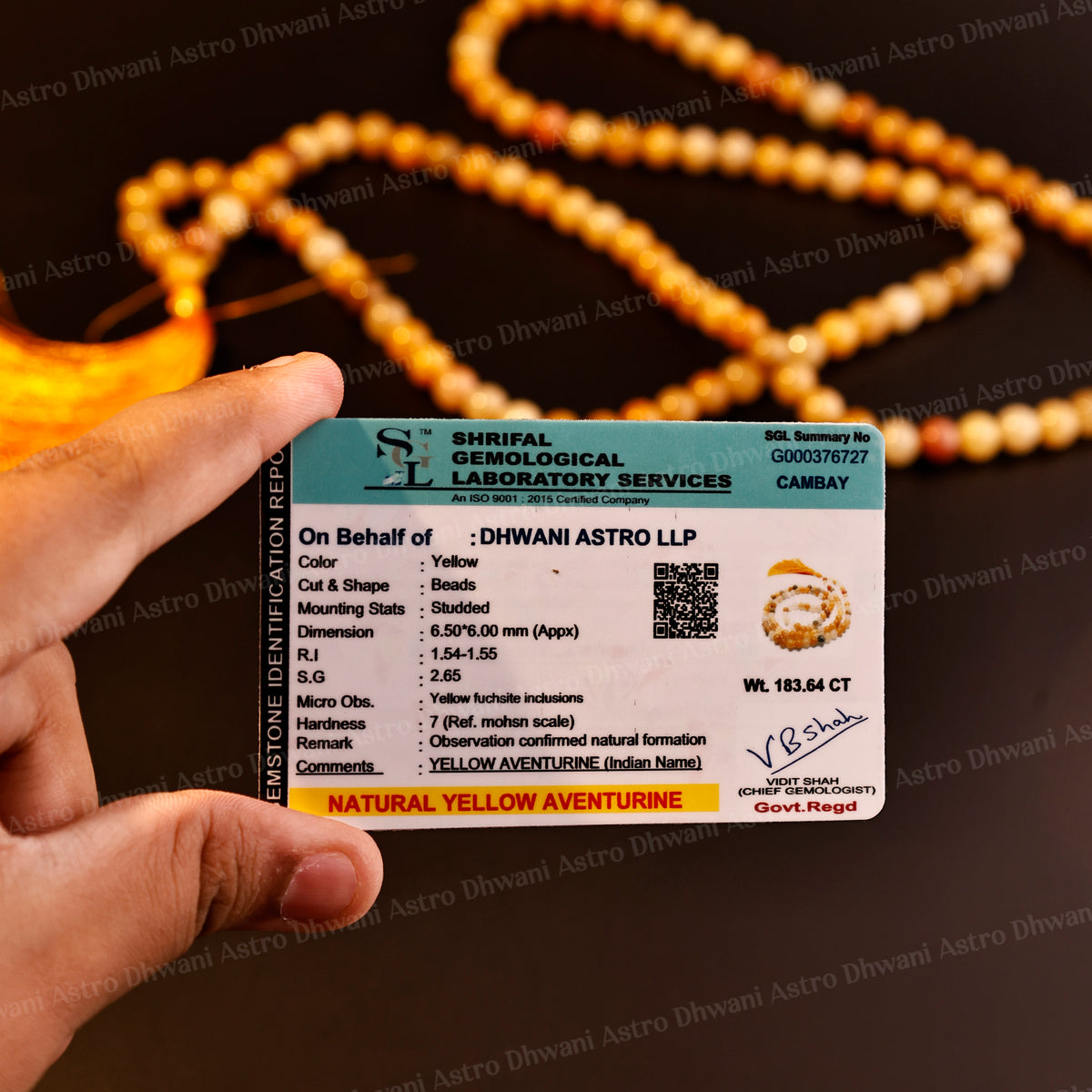 Yellow Aventurine Crystal Mala - Abhimantrit & Certified